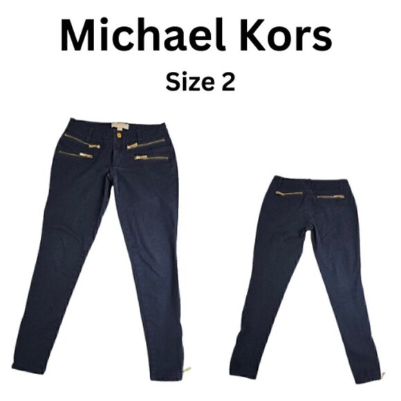 Michael Kors Size 2 Navy Blue Skinny Pants Gold Zippers - Picture 1 of 9